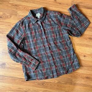 Women’s Medium Gray Red Blue Green Plaid Flannel L.L. Bean Long Sleeved Shirt